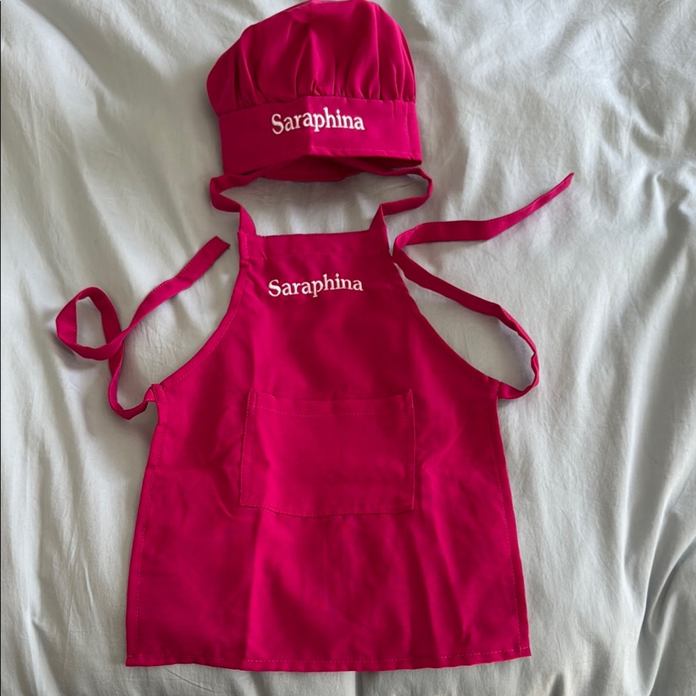 Toddler Pink Apron and Chef Hat Set - Custom embroidered with “Saraphina”